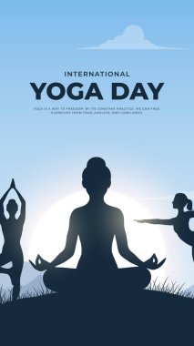 Uluslararası yoga günü. yoga vücut duruşu. Yoga yapan bir kadın. Vektör çizimi. 21 Haziran Uluslararası yoga günü vektör posteri