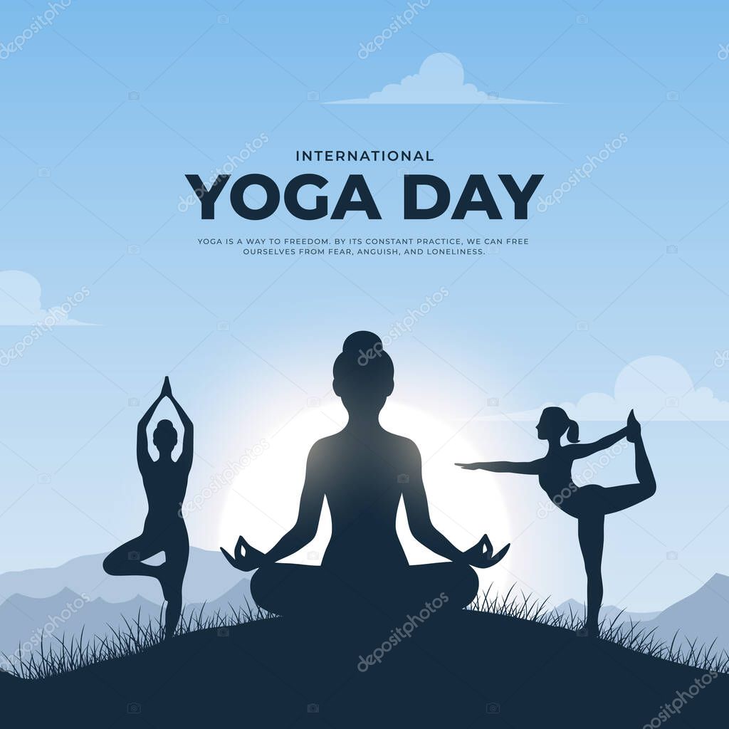 International yoga day. yoga body posture. Woman practicing yoga. vector illustration design. 21 june International yoga day vector poster