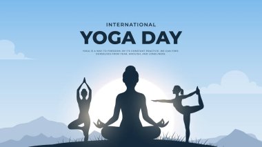 Uluslararası yoga günü. yoga vücut duruşu. Yoga yapan bir kadın. Vektör çizimi. 21 Haziran Uluslararası yoga günü vektör posteri