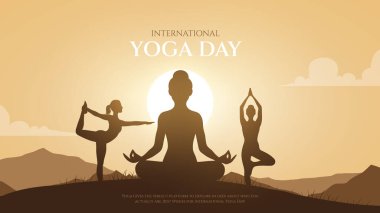 Uluslararası yoga günü. yoga vücut duruşu. Yoga yapan bir kadın. Vektör çizimi. 21 Haziran Uluslararası yoga günü vektör posteri