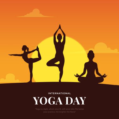 Uluslararası yoga günü. yoga vücut duruşu. Yoga yapan bir kadın. Vektör çizimi. 21 Haziran Uluslararası yoga günü vektör posteri