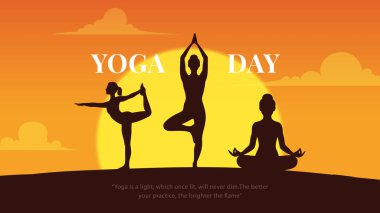 Uluslararası yoga günü. yoga vücut duruşu. Yoga yapan bir kadın. Vektör çizimi. 21 Haziran Uluslararası yoga günü vektör posteri