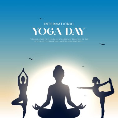 Uluslararası yoga günü. yoga vücut duruşu. Yoga yapan bir kadın. Vektör çizimi. 21 Haziran Uluslararası yoga günü vektör posteri