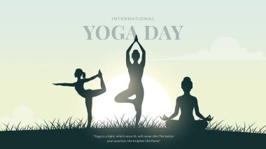 Uluslararası yoga günü. yoga vücut duruşu. Yoga yapan bir kadın. Vektör çizimi. 21 Haziran Uluslararası yoga günü vektör posteri