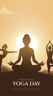 Uluslararası yoga günü. yoga vücut duruşu. Yoga yapan bir kadın. Vektör çizimi. 21 Haziran Uluslararası yoga günü vektör posteri