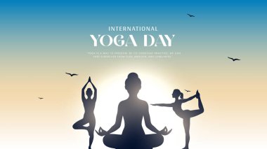 Uluslararası yoga günü. yoga vücut duruşu. Yoga yapan bir kadın. Vektör çizimi. 21 Haziran Uluslararası yoga günü vektör posteri