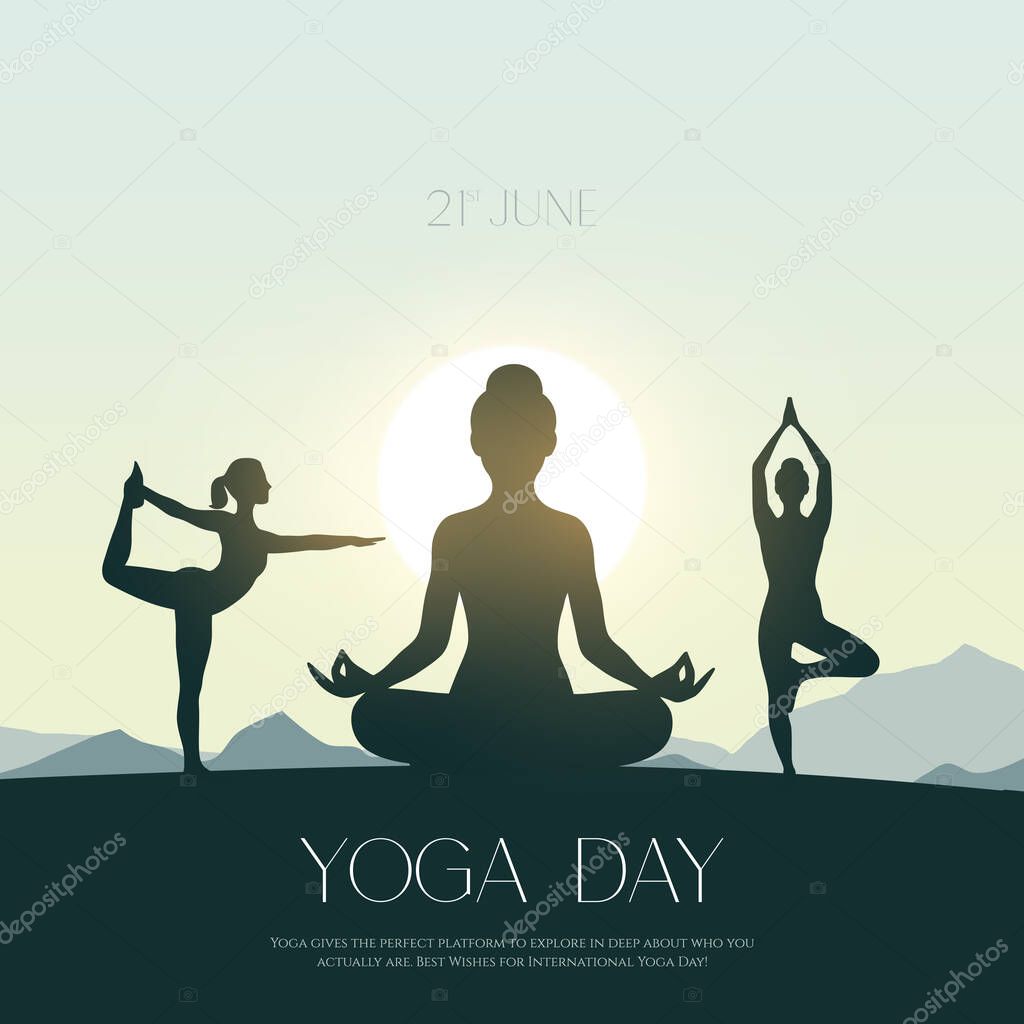 International yoga day. yoga body posture. Woman practicing yoga. vector illustration design. 21 june International yoga day vector poster