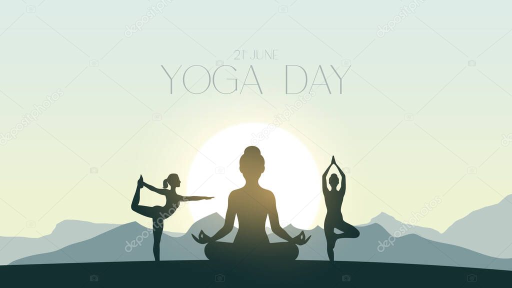 International yoga day. yoga body posture. Woman practicing yoga. vector illustration design. 21 june International yoga day vector poster
