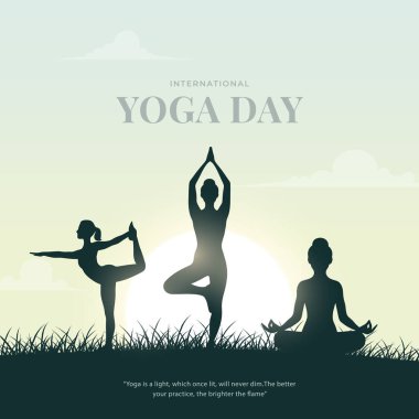 Uluslararası yoga günü. yoga vücut duruşu. Yoga yapan bir kadın. Vektör çizimi. 21 Haziran Uluslararası yoga günü vektör posteri