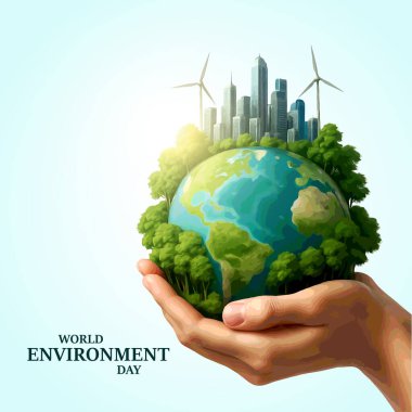 Dünya Çevre Günü, Yeniden ağaçlandırma, Çevresel Farkındalık, Sürdürülebilir Yaşam, Yeşiller İçin Eylem. Çevre günü posteri. Yeşil bitki ve küre. Ekoloji, Doğa, Küresel Konsept.