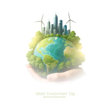 Dünya Çevre Günü, Yeniden ağaçlandırma, Çevresel Farkındalık, Sürdürülebilir Yaşam, Yeşiller İçin Eylem. Çevre günü posteri. Yeşil bitki ve küre. Ekoloji, Doğa, Küresel Konsept.