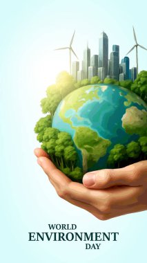 Dünya Çevre Günü, Yeniden ağaçlandırma, Çevresel Farkındalık, Sürdürülebilir Yaşam, Yeşiller İçin Eylem. Çevre günü posteri. Yeşil bitki ve küre. Ekoloji, Doğa, Küresel Konsept.