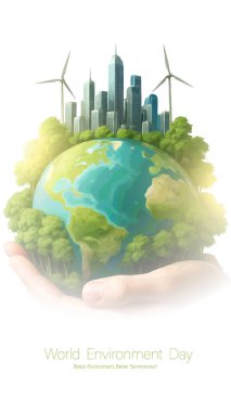 Dünya Çevre Günü, Yeniden ağaçlandırma, Çevresel Farkındalık, Sürdürülebilir Yaşam, Yeşiller İçin Eylem. Çevre günü posteri. Yeşil bitki ve küre. Ekoloji, Doğa, Küresel Konsept.