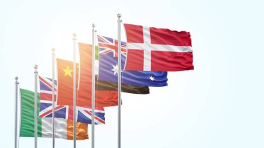 Flagpoles 'de Uluslararası Bayraklar Dalgalanıyor, Danimarka, Avustralya, Çin, İngiltere, İrlanda ve İtalya, 3D Gerçekçi Vektör İllüzyonu