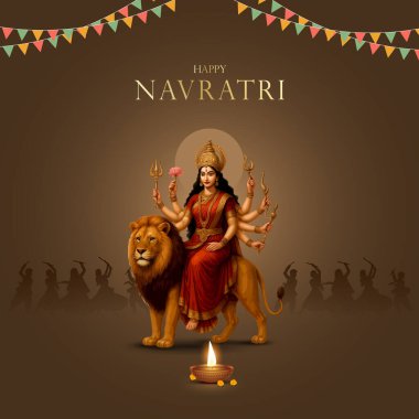 Goddess Durga Face Illustration ile Mutlu Navratri Festivali Arkaplan Tasarımı. Mutlu Navratri, Dandiya ve Garba Gecesi oynayan çiftin resmi.