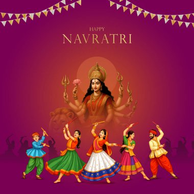 Goddess Durga Face Illustration ile Mutlu Navratri Festivali Arkaplan Tasarımı. Mutlu Navratri, Dandiya ve Garba Gecesi oynayan çiftin resmi.