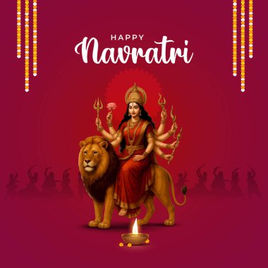Goddess Durga Face Illustration ile Mutlu Navratri Festivali Arkaplan Tasarımı. Mutlu Navratri, Dandiya ve Garba Gecesi oynayan çiftin resmi.