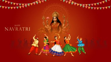 Goddess Durga Face Illustration ile Mutlu Navratri Festivali Arkaplan Tasarımı. Mutlu Navratri, Dandiya ve Garba Gecesi oynayan çiftin resmi.