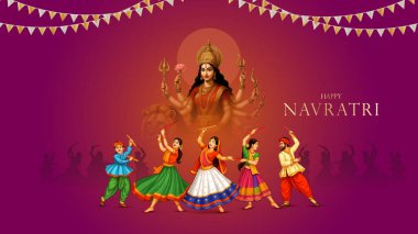 Goddess Durga Face Illustration ile Mutlu Navratri Festivali Arkaplan Tasarımı. Mutlu Navratri, Dandiya ve Garba Gecesi oynayan çiftin resmi.