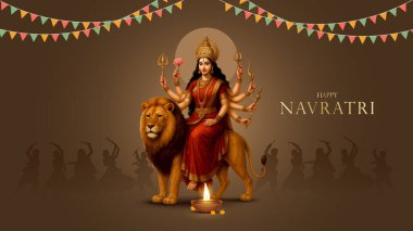 Goddess Durga Face Illustration ile Mutlu Navratri Festivali Arkaplan Tasarımı. Mutlu Navratri, Dandiya ve Garba Gecesi oynayan çiftin resmi.