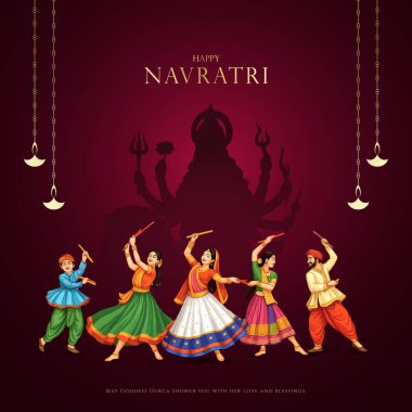Goddess Durga Face Illustration ile Mutlu Navratri Festivali Arkaplan Tasarımı. Mutlu Navratri, Dandiya ve Garba Gecesi oynayan çiftin resmi.