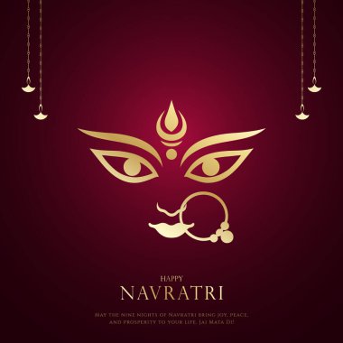 Goddess Durga Face Illustration ile Mutlu Navratri Festivali Arkaplan Tasarımı. Mutlu Navratri, Dandiya ve Garba Gecesi oynayan çiftin resmi.