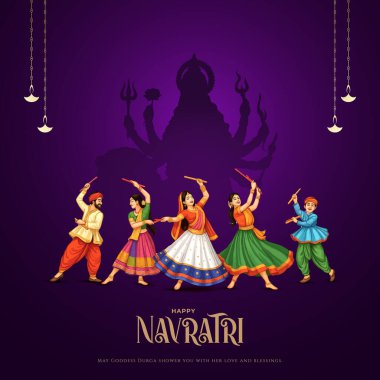 Goddess Durga Face Illustration ile Mutlu Navratri Festivali Arkaplan Tasarımı. Mutlu Navratri, Dandiya ve Garba Gecesi oynayan çiftin resmi.