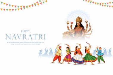 Goddess Durga Face Illustration ile Mutlu Navratri Festivali Arkaplan Tasarımı. Mutlu Navratri, Dandiya ve Garba Gecesi oynayan çiftin resmi.