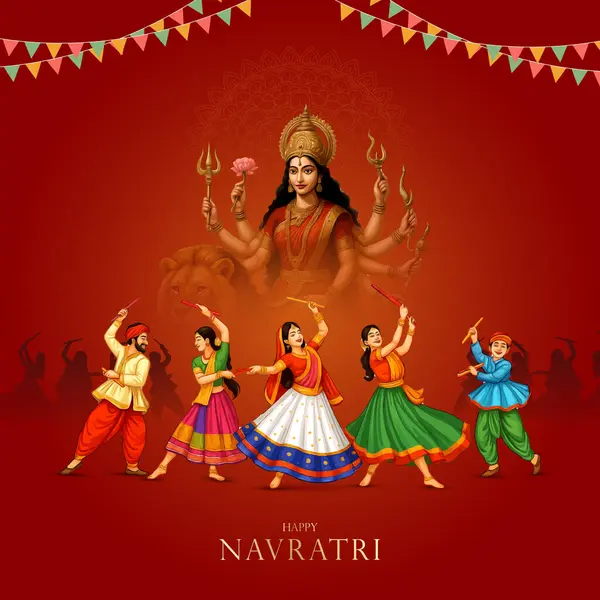 Goddess Durga Face Illustration ile Mutlu Navratri Festivali Arkaplan Tasarımı. Mutlu Navratri, Dandiya ve Garba Gecesi oynayan çiftin resmi.