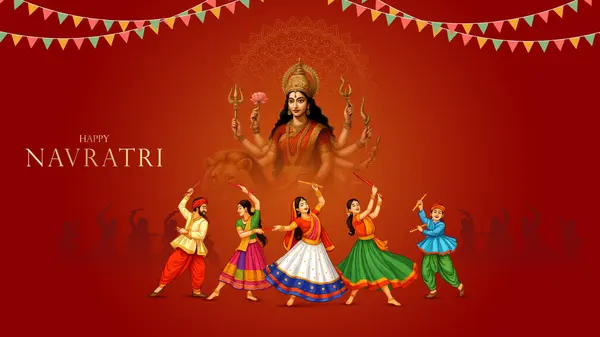 Goddess Durga Face Illustration ile Mutlu Navratri Festivali Arkaplan Tasarımı. Mutlu Navratri, Dandiya ve Garba Gecesi oynayan çiftin resmi.