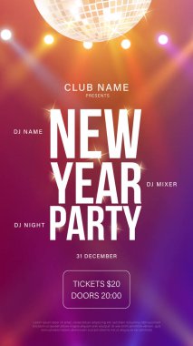 2026 Mutlu Yeni Yıl Kulüp afişi. El ilanları ve tebrik kartı grafikleriniz ya da yeni yıl temalı parti davetiyeleriniz için. 2026 Yeni Yıl Partisi Kutlama Davetiyesi Tasarımı.