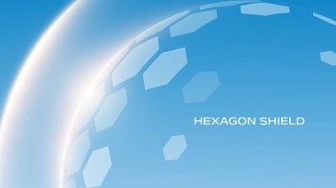 Cam şeffaf koruma küresi kalkanı. Mavi arka planda altıgen desenli küre kalkanı. Altıgen yarım ton desenli balon kubbe kalkan kürenin modern teknoloji ürünü..