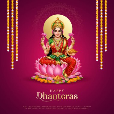Happy Dhanteras - kapta altın sikke ve dekoratif diya lambası olan poster tasarımı. vektör illüstrasyonu.