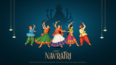 Goddess Durga Illustration ile Mutlu Navratri Festivali Arkaplan Tasarımı