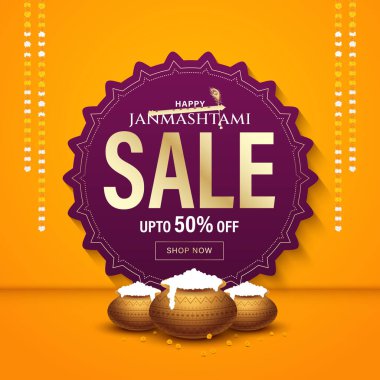 Mutlu Janmashtami gerçekçi Dahi Handi vektörü. Mutlu Krishna Janmashtami Sosyal medya besleme şablonu