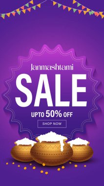 Mutlu Janmashtami gerçekçi Dahi Handi vektörü. Mutlu Krishna Janmashtami Sosyal medya besleme şablonu