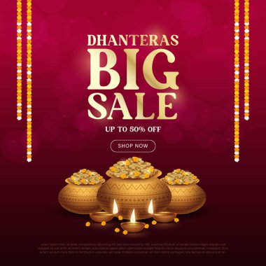 Detayları sunan mutlu dhanteras satış afişleri. Hint Festivali Akshaya Tritiya, Dhanteras ve Diwali.Hindistan indirimli reklam tatili.