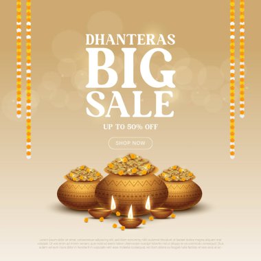 Detayları sunan mutlu dhanteras satış afişleri. Hint Festivali Akshaya Tritiya, Dhanteras ve Diwali.Hindistan indirimli reklam tatili.