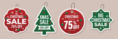 Noel kartı ve etiket tasarımı koleksiyonu tasarımı. Noel rozetleri ya da perakende indirimi, yeni yıl vektör şablonunun özel indirimleriyle ilgilidir. Noel indirim rozeti.