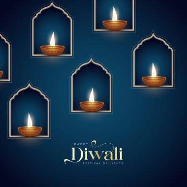 Mutlu bayramlar. Dekoratif diya lambasıyla renkli poster tasarımı festivali. Vektör çizimi. Hint ışık festivali Mutlu Diwali, tatil geçmişi, Diwali kutlaması.