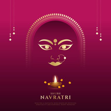 Hintli Hindu tanrısı Durga eli Mutlu Durga Puja Subh Navratri. Vektör çizimi. Neşeli tasarım elementleriyle Mutlu Navratri Tasarımı. Renkli Navratri Selamlar.