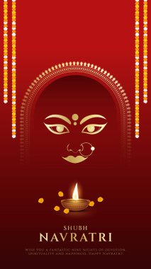 Hintli Hindu tanrısı Durga eli Mutlu Durga Puja Subh Navratri. Vektör çizimi. Neşeli tasarım elementleriyle Mutlu Navratri Tasarımı. Renkli Navratri Selamlar.