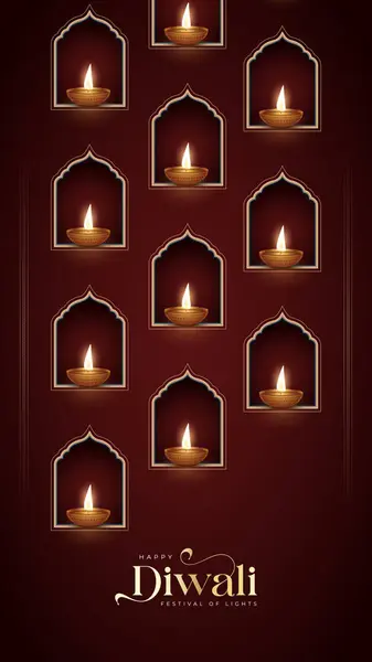 Mutlu bayramlar. Dekoratif diya lambasıyla renkli poster tasarımı festivali. Vektör çizimi. Hint ışık festivali Mutlu Diwali, tatil geçmişi, Diwali kutlaması.