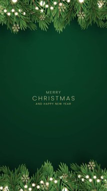 Mutlu Noeller ve mutlu yıllar tebrik kartı posteri. Noel 'in zarif davetiye şablonu. Noel ve Mutlu Yeni Yıl dekorasyon sınırında köknar dalları.