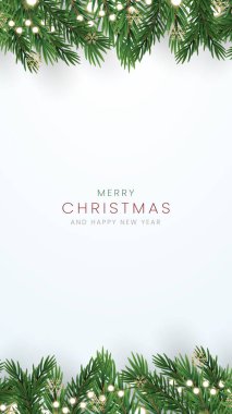 Mutlu Noeller ve mutlu yıllar tebrik kartı posteri. Noel 'in zarif davetiye şablonu. Noel ve Mutlu Yeni Yıl dekorasyon sınırında köknar dalları.