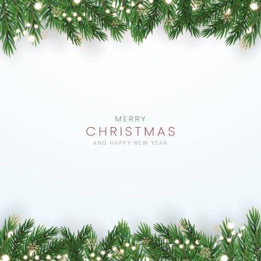 Mutlu Noeller ve mutlu yıllar tebrik kartı posteri. Noel 'in zarif davetiye şablonu. Noel ve Mutlu Yeni Yıl dekorasyon sınırında köknar dalları.