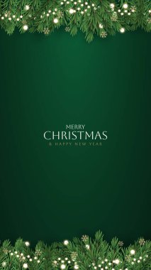 Mutlu Noeller ve mutlu yıllar tebrik kartı posteri. Noel 'in zarif davetiye şablonu. Noel ve Mutlu Yeni Yıl dekorasyon sınırında köknar dalları.