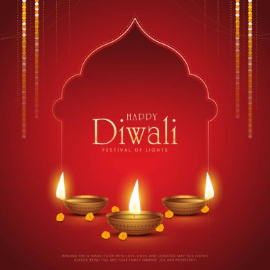 Mutlu bayramlar. Dekoratif diya lambasıyla renkli poster tasarımı festivali. Vektör çizimi. Hint ışık festivali Mutlu Diwali, tatil geçmişi, Diwali kutlaması.