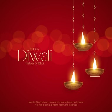 Mutlu bayramlar. Dekoratif diya lambasıyla renkli poster tasarımı festivali. Vektör çizimi. Hint ışık festivali Mutlu Diwali, tatil geçmişi, Diwali kutlaması.
