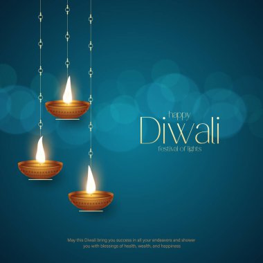 Mutlu bayramlar. Dekoratif diya lambasıyla renkli poster tasarımı festivali. Vektör çizimi. Hint ışık festivali Mutlu Diwali, tatil geçmişi, Diwali kutlaması.